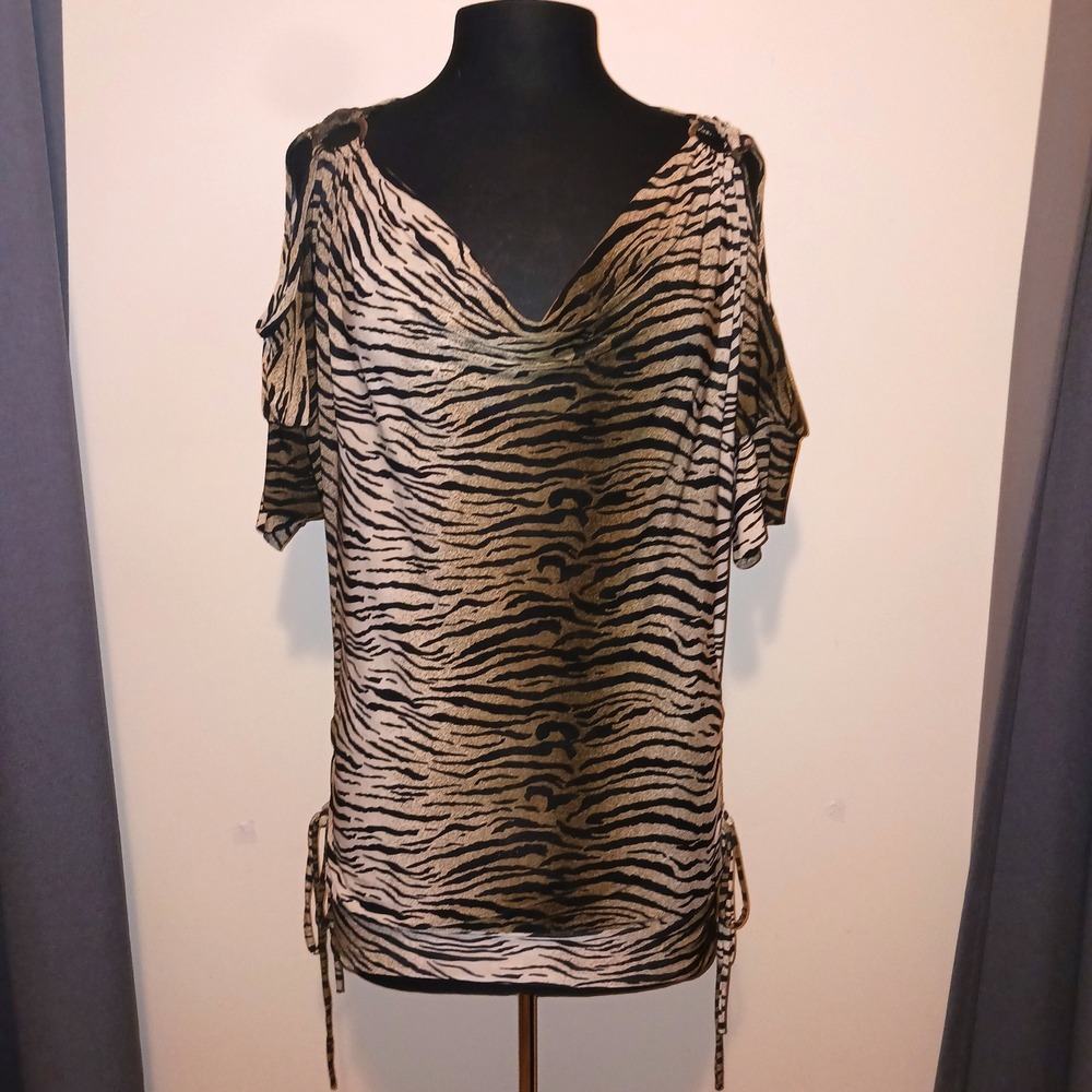 Y2K Boho Chic Tiger Print Cold Shoulder Cowl Neck Tunic Top Side Ties L